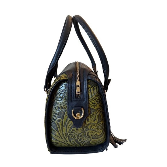 Tooled handmade olive green‎ vegan leather satchel shoulder handbag Women Large - Picture 4 of 8